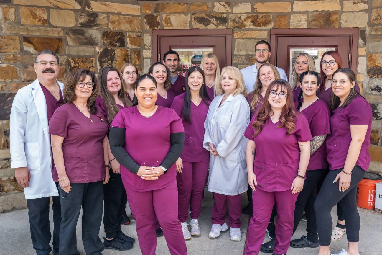 A group of people in purple scrubs